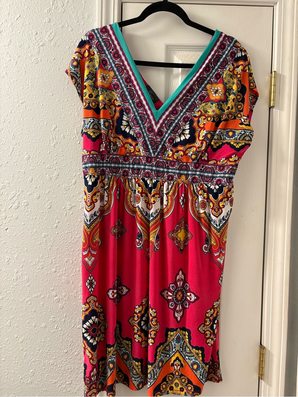 Kiara V‑Neck Midi Dress in Fuchsia, Turquoise & Orange Paisley